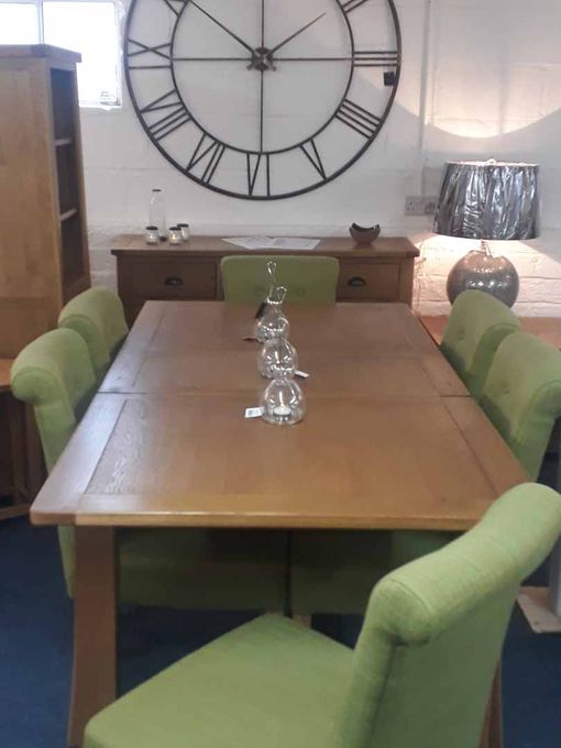 Tuscany oak dining set. Shop floor clearance, extending oak table + 6 olive fabric low back chairs. Was £1500 now £1100